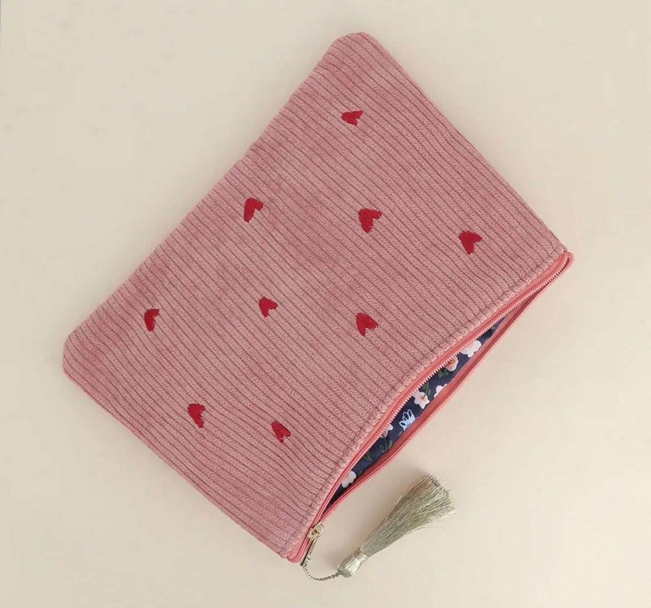 Trousse petits coeurs velours côtelé - 20 x 14 cm (4 couleurs)