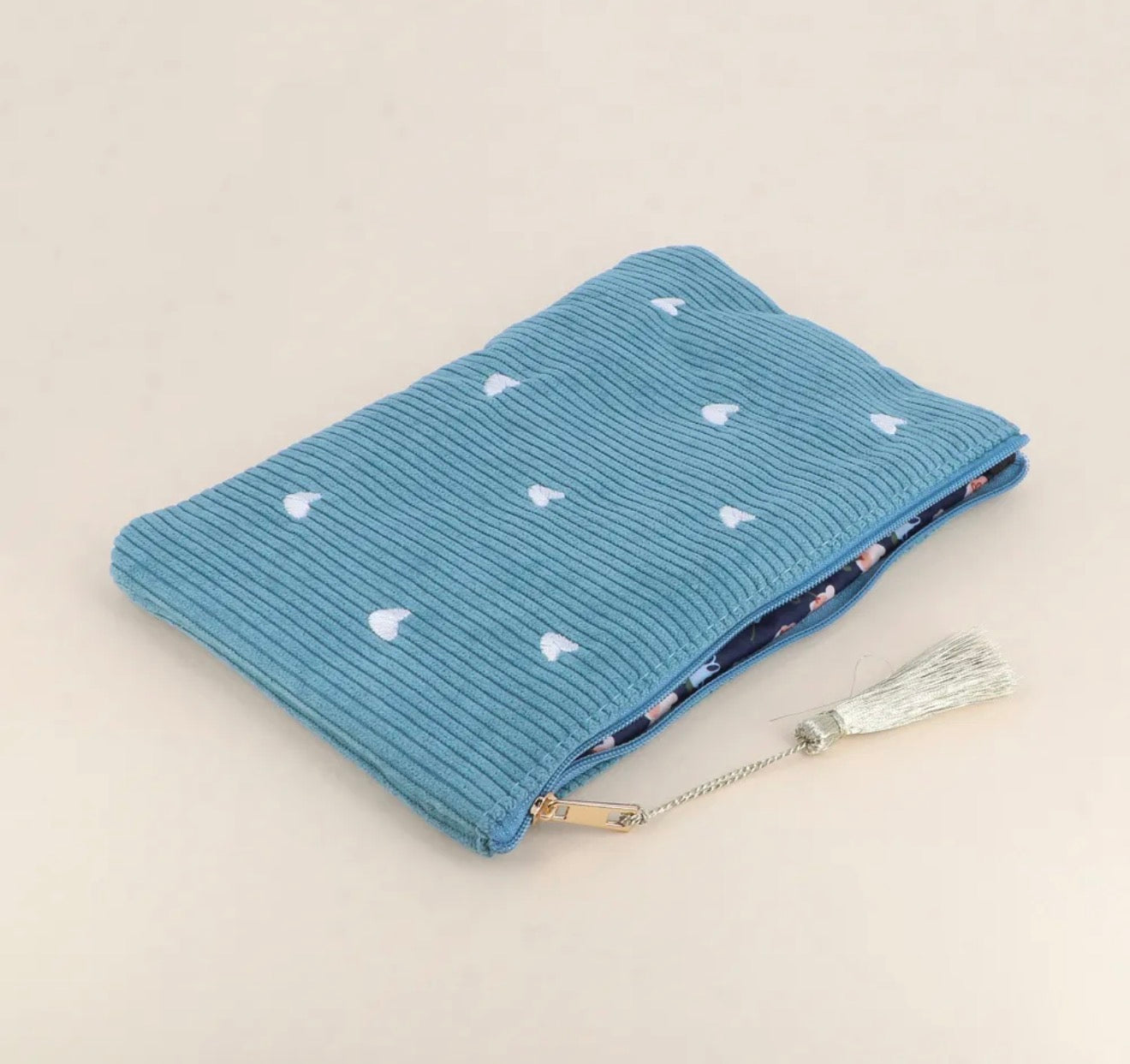 Trousse petits coeurs velours côtelé - 20 x 14 cm (4 couleurs)