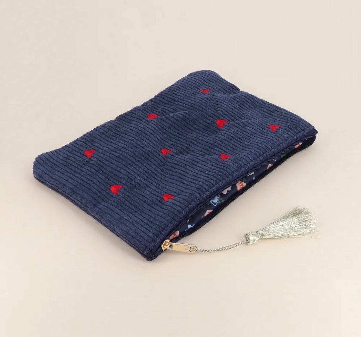 Trousse petits coeurs velours côtelé - 20 x 14 cm (4 couleurs)