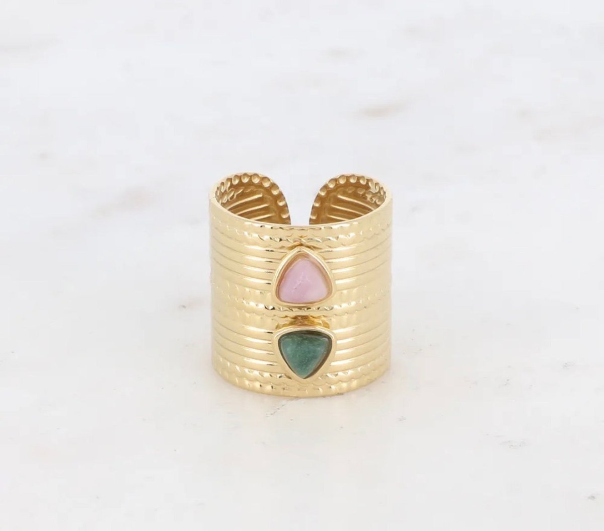 Bague large en acier inoxydable & pierres naturelles rose et verte - C MON DRESSING