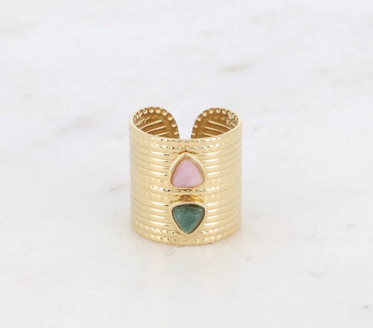Bague large en acier inoxydable & pierres naturelles rose et verte - C MON DRESSING