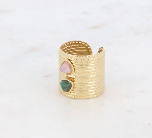 Bague large en acier inoxydable & pierres naturelles rose et verte - C MON DRESSING
