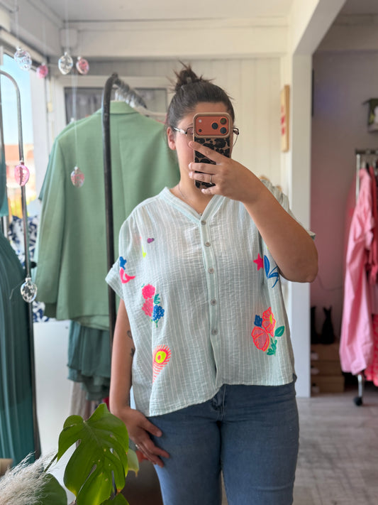 Blouse rayé vert d'eau en lin - Taille unique 36-48