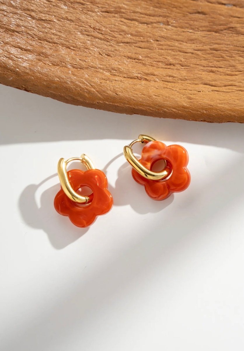 Boucles d’oreilles fleur orange anneau doré - C MON DRESSING