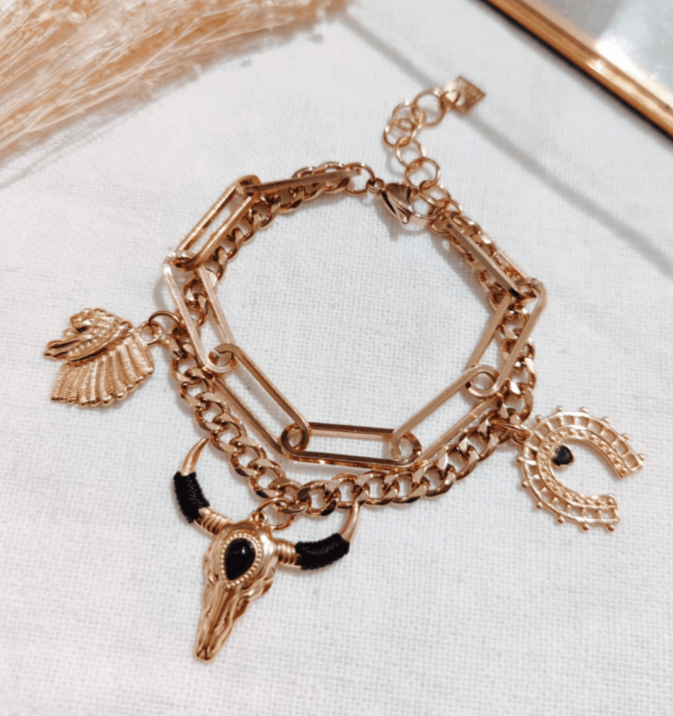 bracelet double chaines breloques buffle doré - C MON DRESSING
