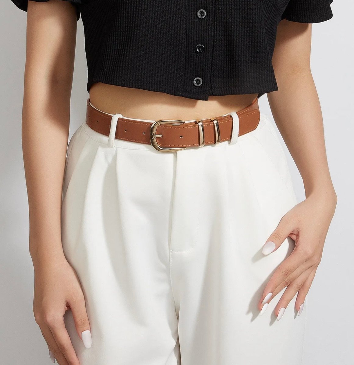 Ceinture en simili cuir à boucle dorée marron - C MON DRESSING