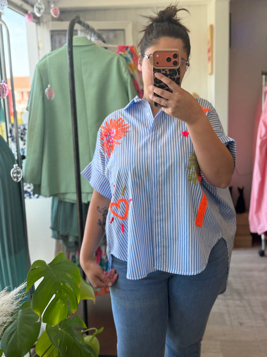 Blouse rayé brodé bleu ciel - Taille unique 36-48