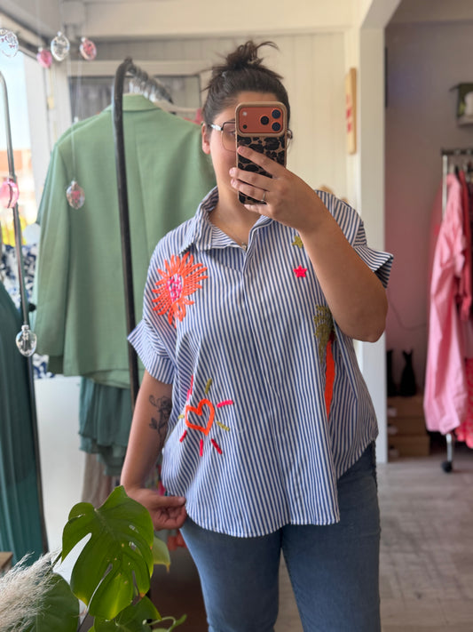 Blouse rayé brodé bleu marine - Taille unique 36-48