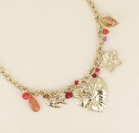Collier en acier inoxydable avec pampilles et cœur fleuri – 40 + 5 cm - C MON DRESSING