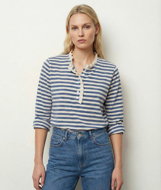 Haut Henley rayé à col volanté – Taille Unique 36 au 46 (2 couleurs) - C MON DRESSING