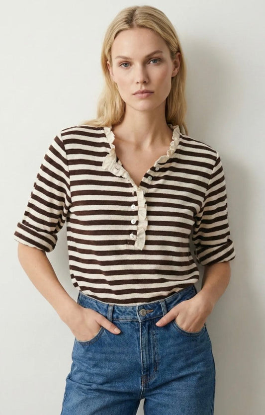 Haut Henley rayé à col volanté – Taille Unique 36 au 46 (2 couleurs) - C MON DRESSING