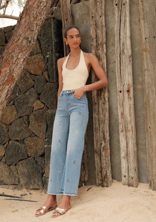 Jean Wide leg broderie fleurs - Du 36 au 44 - Maison Onado - C MON DRESSING