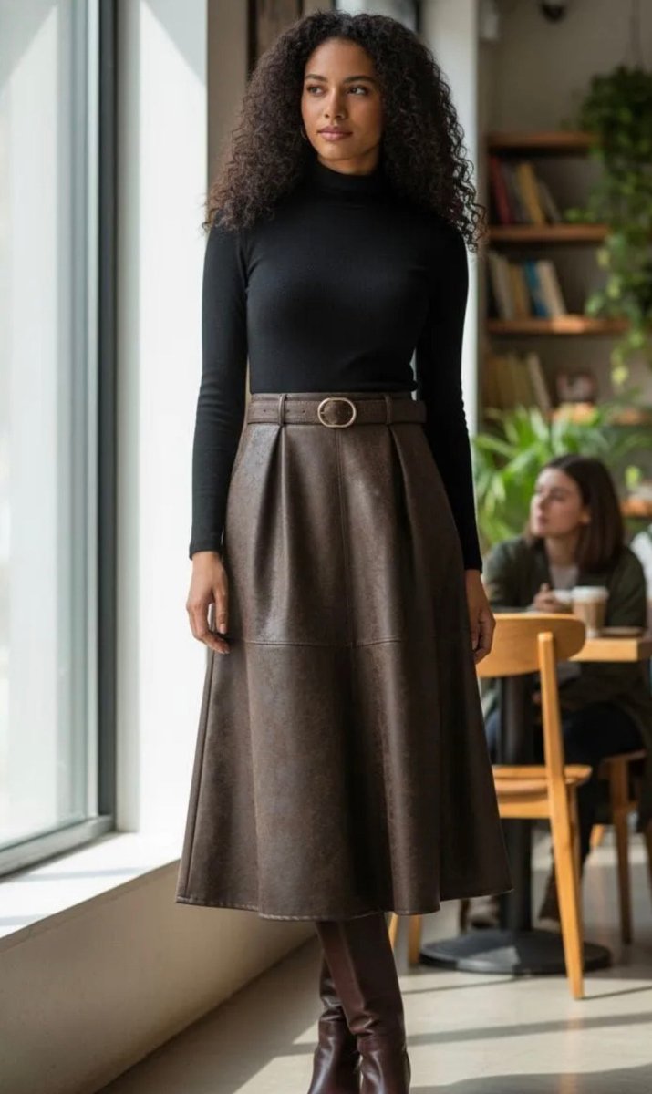 Jupe longue évasée en simili cuir avec ceinture – Taille unique 34 - 44/46 (2 couleurs) - C MON DRESSING