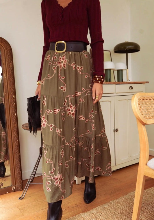 Jupe longue kaki à motif - Taille S/M et M/L - C MON DRESSING