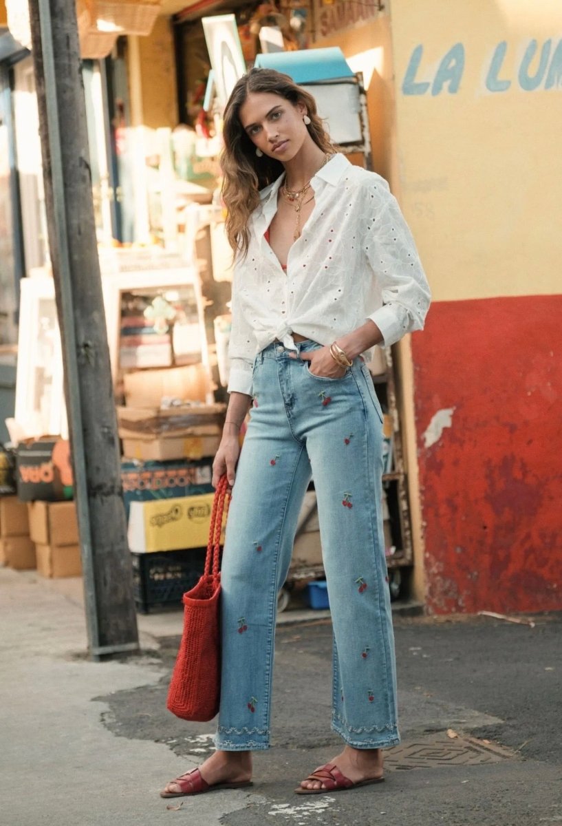 Pantalon wide leg brodé cerises – Du 36 au 44 - C MON DRESSING