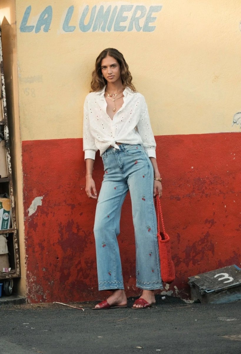 Pantalon wide leg brodé cerises – Du 36 au 44 - C MON DRESSING