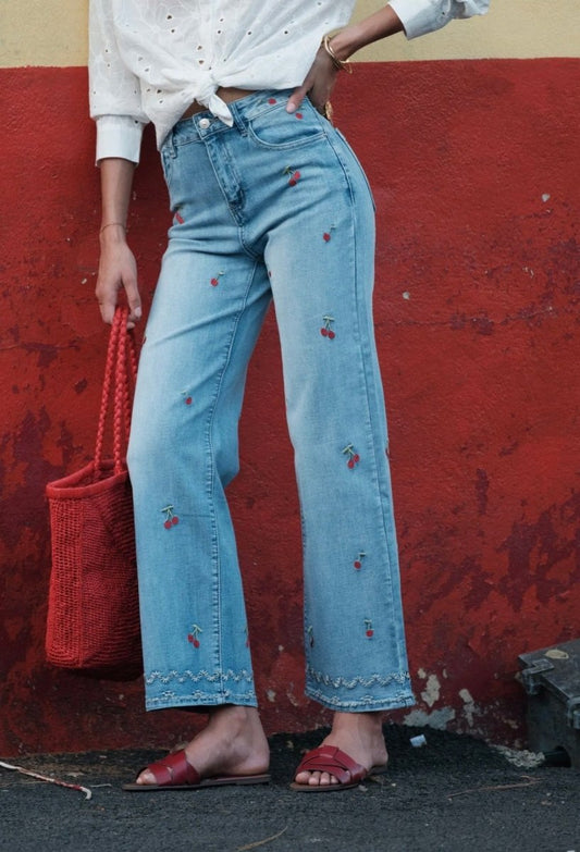 Pantalon wide leg brodé cerises – Du 36 au 44 - C MON DRESSING