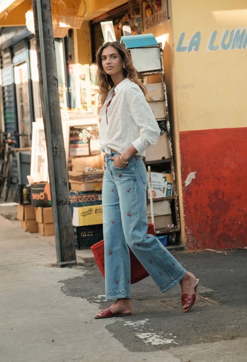 Pantalon wide leg brodé cerises – Du 36 au 44 - C MON DRESSING