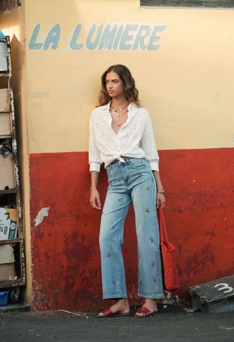 Pantalon wide leg brodé cerises – Du 36 au 44 - C MON DRESSING