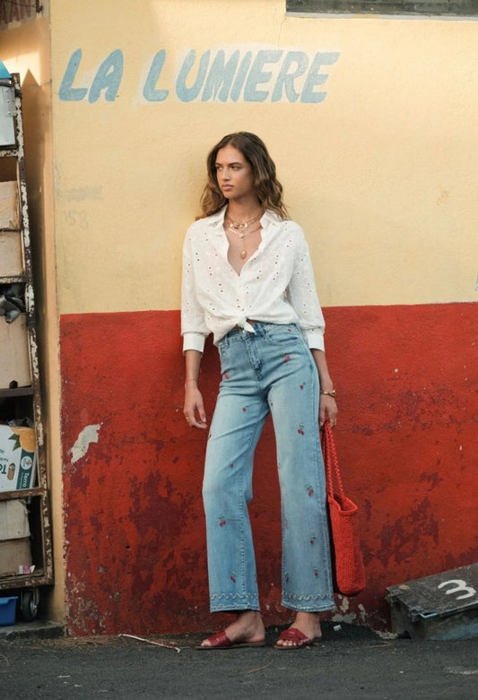 Pantalon wide leg brodé cerises – Du 36 au 44 - C MON DRESSING