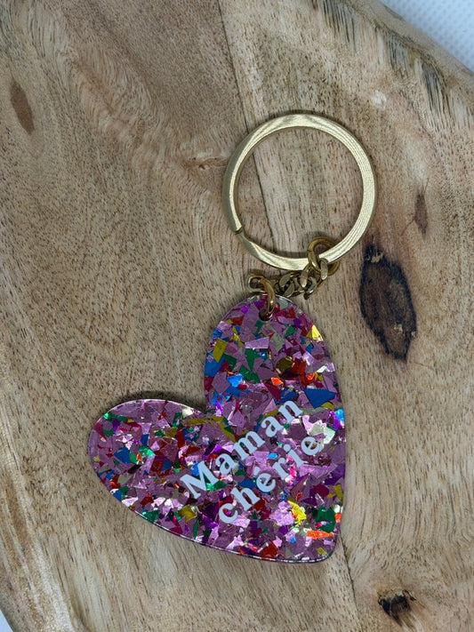 Porte - clés résine pailletée “Maman chérie” fuchsia – Acier 316L - C MON DRESSING