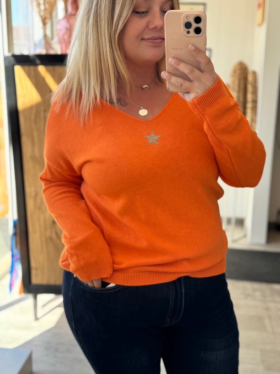 Pull orange à manches longues – Étoile dorée, taille unique 34 - 44 - C MON DRESSING