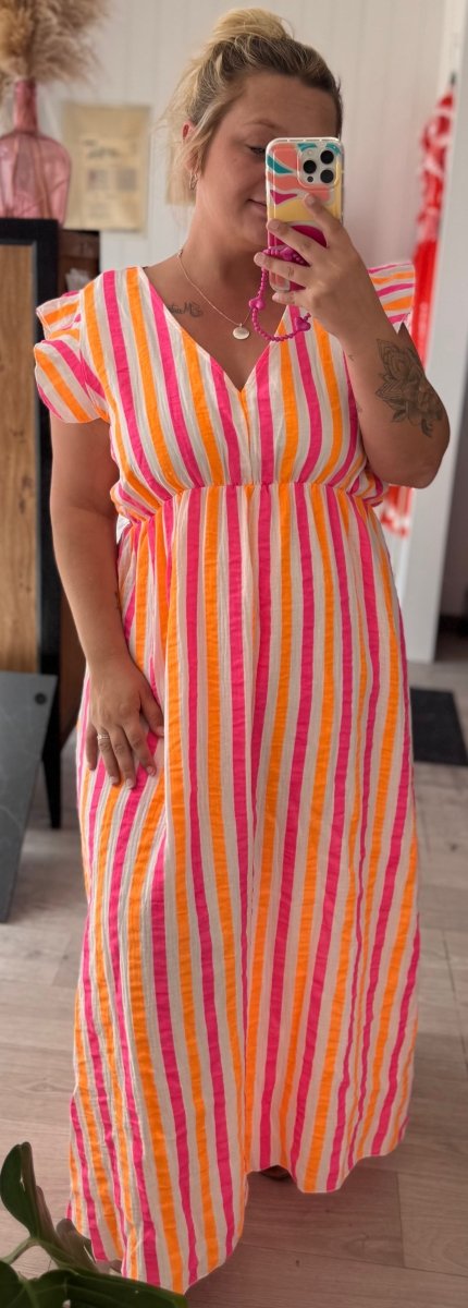 Robe Gaze de Coton Fluo – Rayée Rose, Orange & Blanche – Taille 44 - 50 - C MON DRESSING