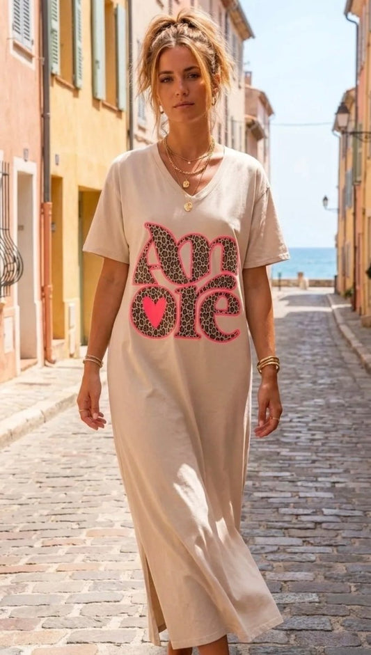 Robe t-shirt beige “AMORE” - Taille Unique 36 - 42 - C MON DRESSING