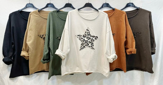 Sweat flanelle patchwork – Étoiles & léopard - Taille unique 36 - 44 (2 couleurs) - C MON DRESSING