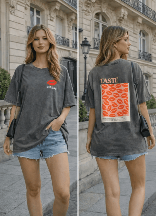Tee - shirt gris/noir motif bouche “Kiss Me” – Taille unique 36 - 46 - C MON DRESSING