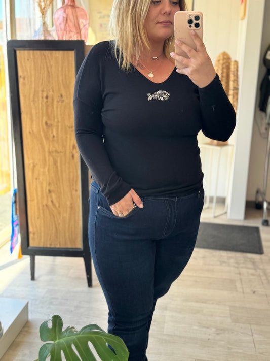 Tee - shirt noir – Motif poisson argenté, taille unique 34/44 - C MON DRESSING